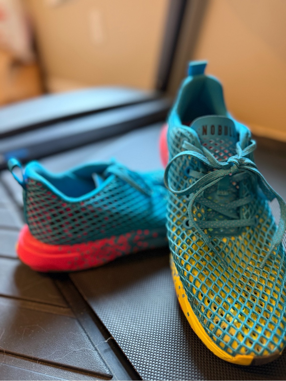 NOBULL Teal Mesh Athletic Sneakers with Yellow Toe and Pink Heel